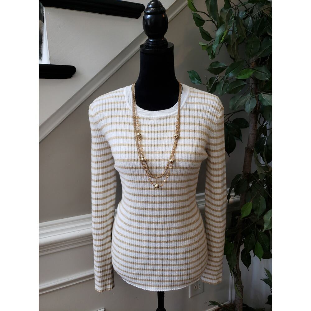 Nine West Sweater Women Size XL White/Brown Crew Neck Long Sleeves Pullover